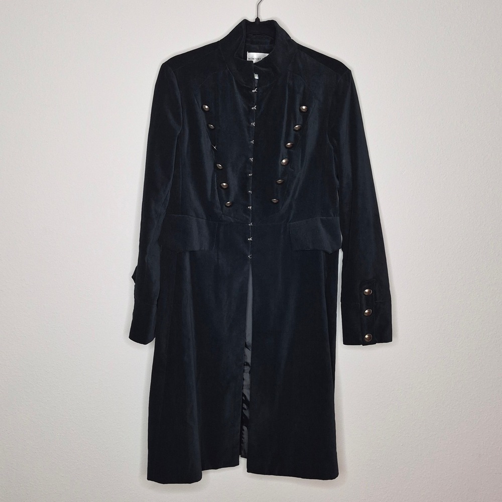 Vintage 90s Newport News Black Velvet Steampunk Military Coat Goth Jacket Size 8
